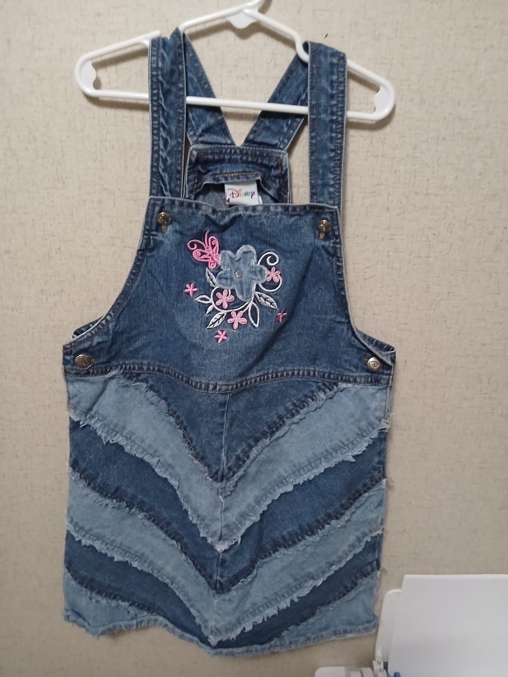 Disney Girls'  Vintage Blue Denim Overall Dress with Embroidered Floral Detail